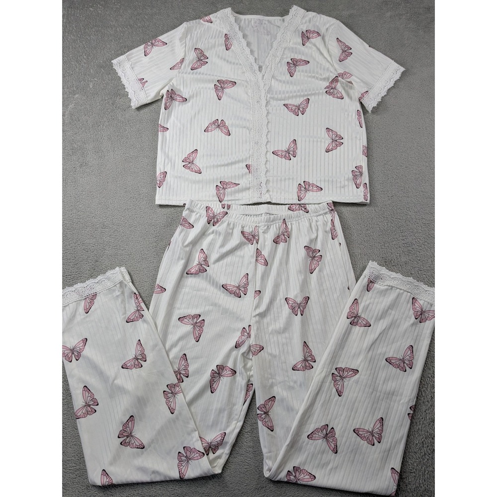 Womens Butterfly Print Pajama Set White Pink Ribbed Lace Trim 2 Piece Size Large